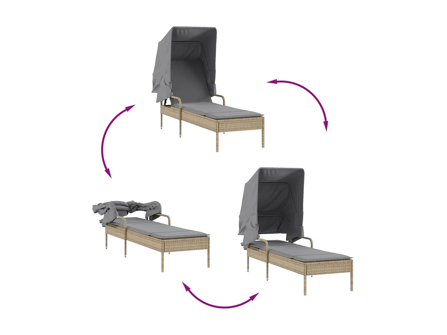 Tumbonas con capota y mesa 2 uds ratán sintético beige