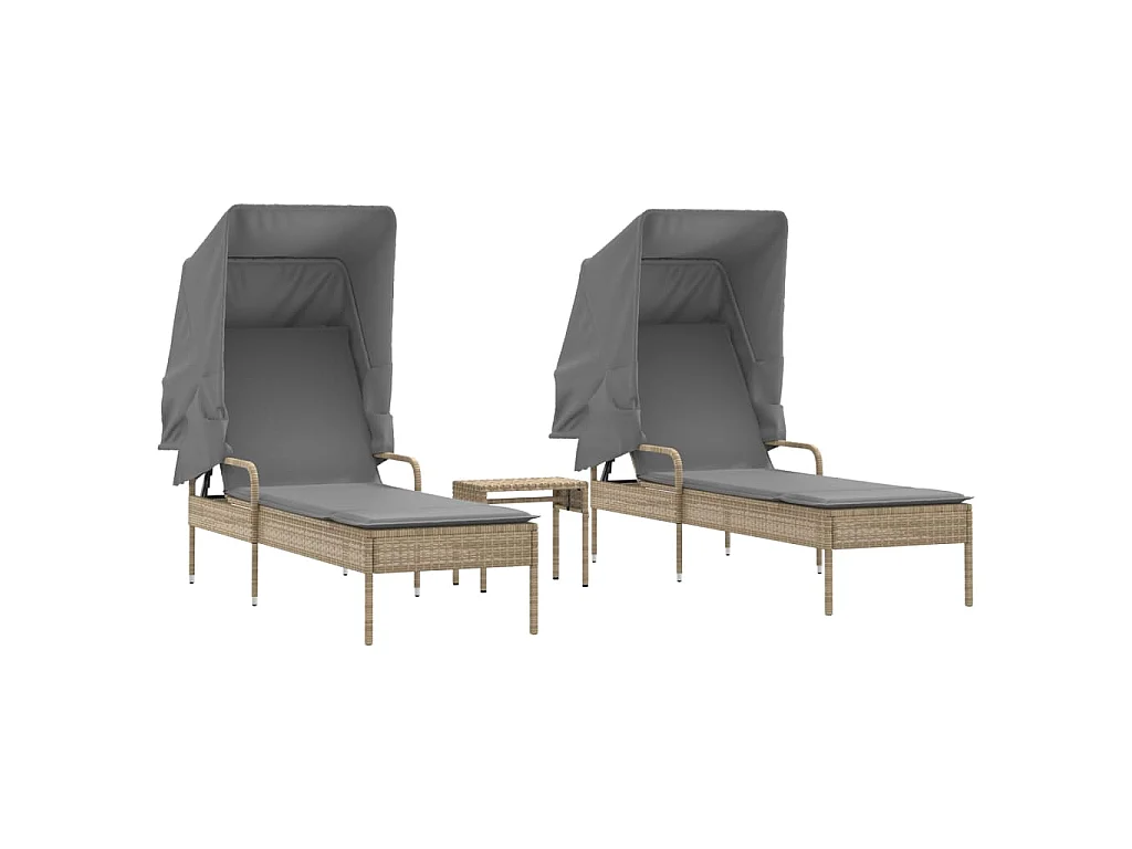 Lettini Prendisole 2 pz con Baldacchino e Tavolino Polyrattan