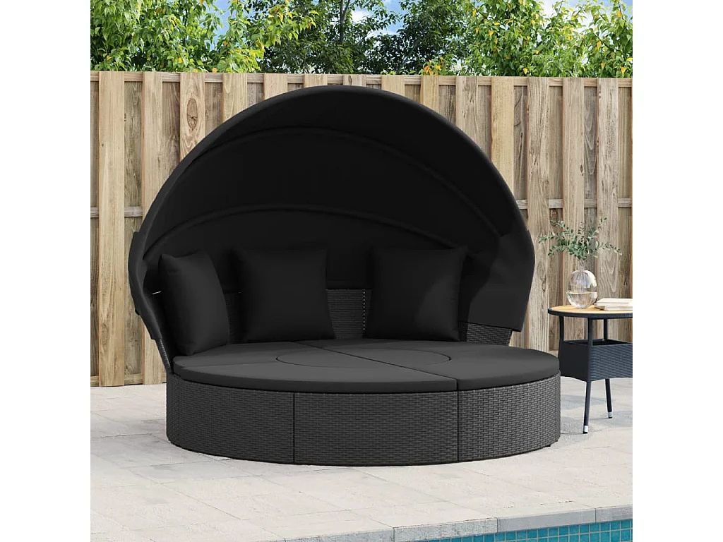 Loungebed met luifel en kussens poly rattan zwart