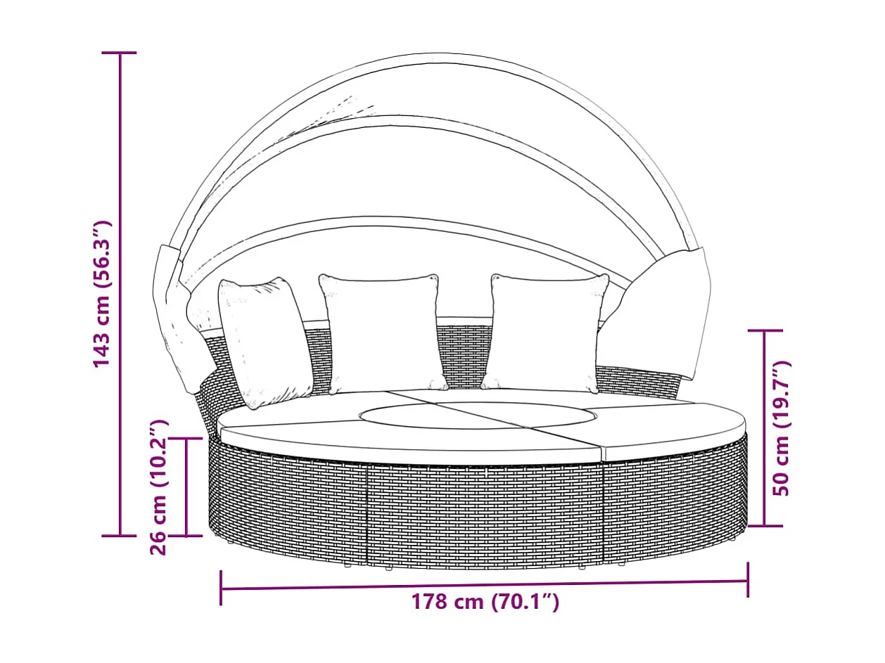 Loungebed met luifel en kussens poly rattan zwart