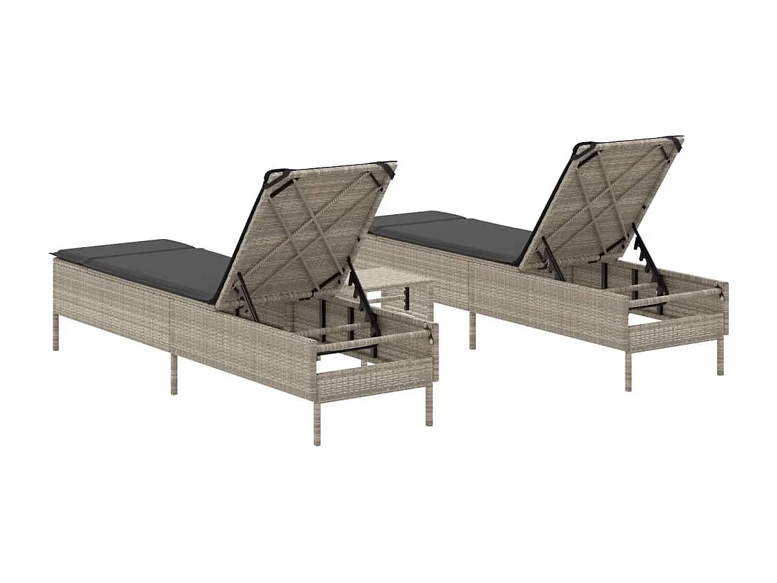 3-delige Ligbeddenset met kussens poly rattan lichtgrijs