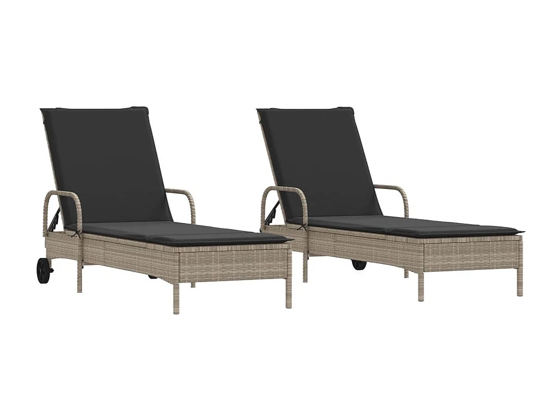 Ligstoelen 2 st met kussen poly rattan lichtgrijs