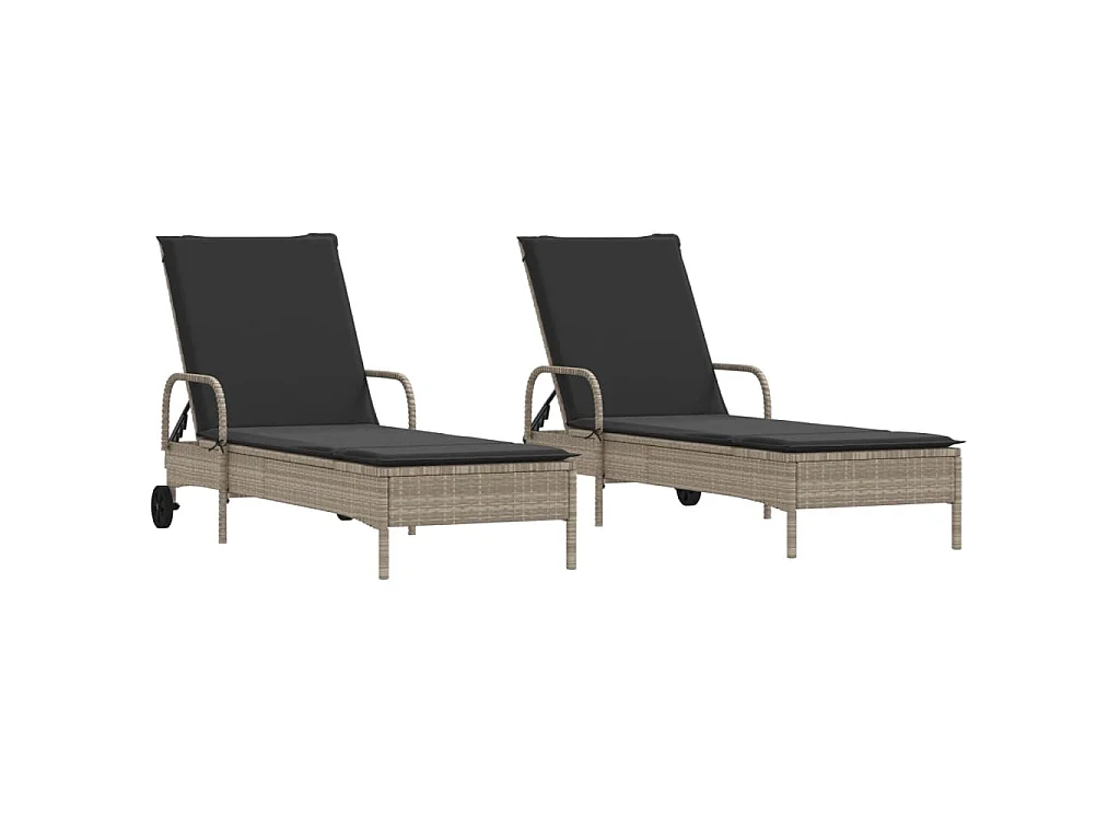 Ligstoelen 2 st met kussen poly rattan lichtgrijs