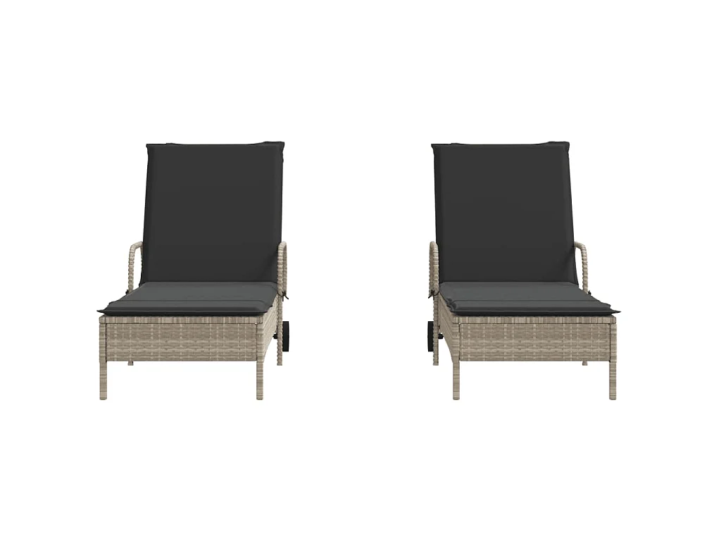 Ligstoelen 2 st met kussen poly rattan lichtgrijs