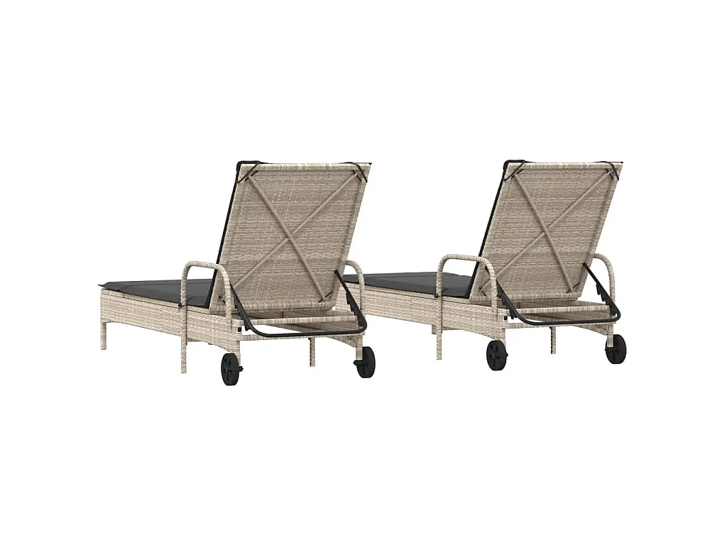 Ligstoelen 2 st met kussen poly rattan lichtgrijs