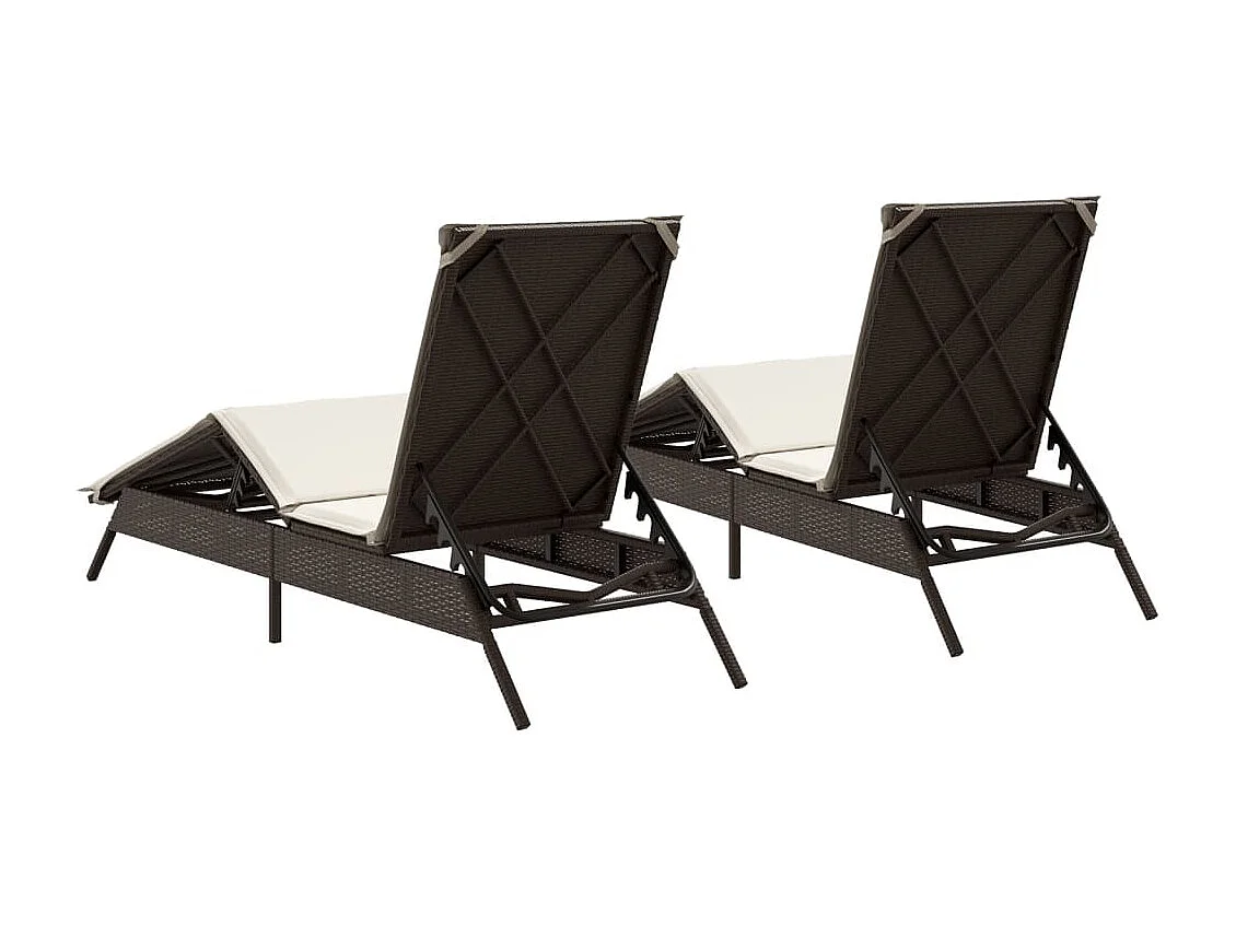 Ligstoelen 2 st met kussens poly rattan bruin