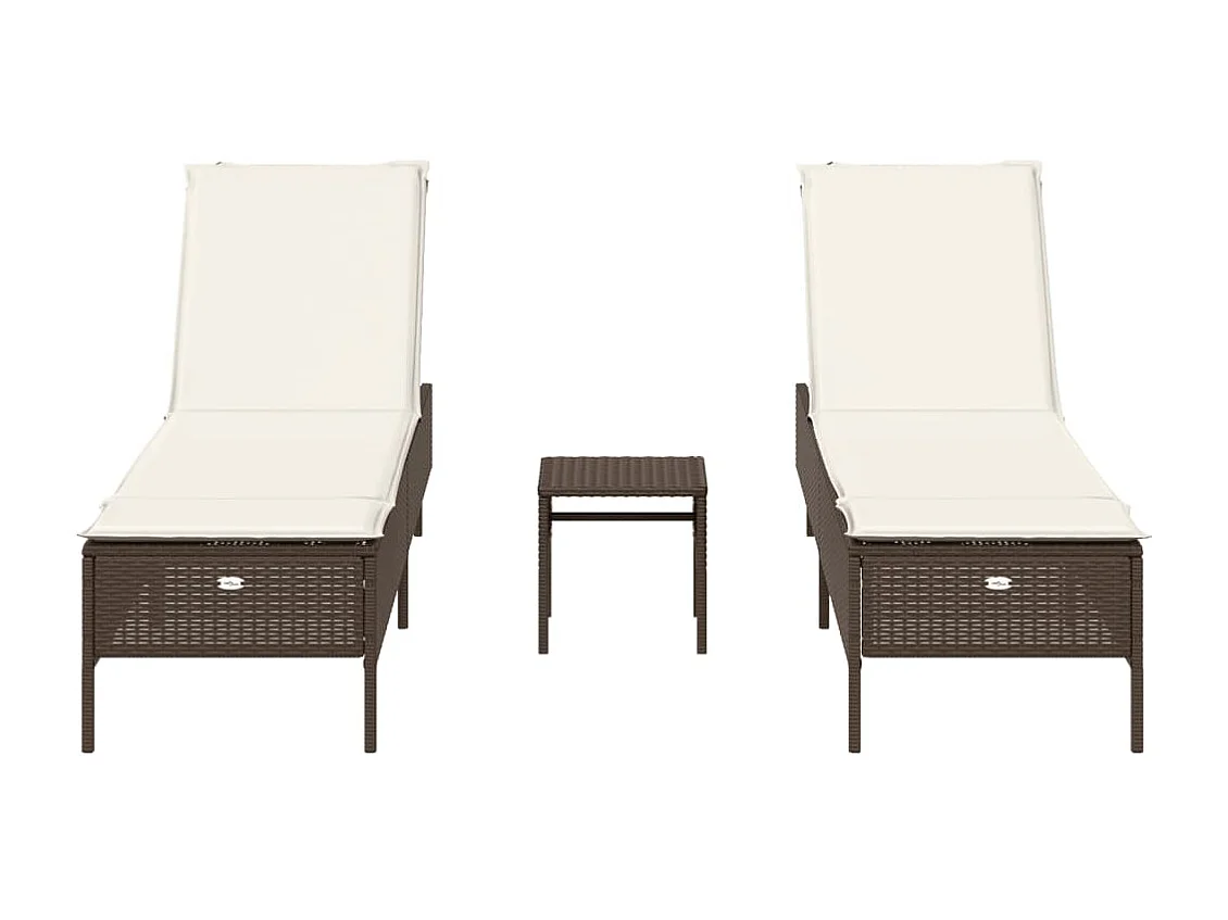 3-delige Ligbeddenset met kussens poly rattan bruin