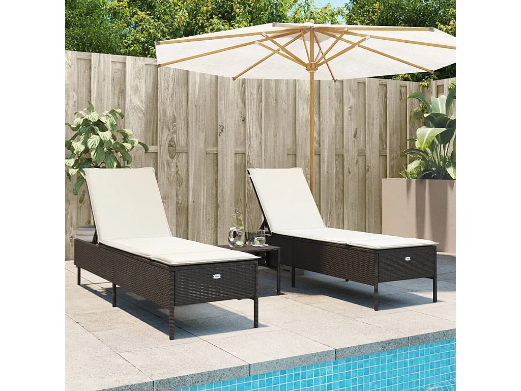 Ensemble de chaises longues et coussins 3 pcs marron poly rotin