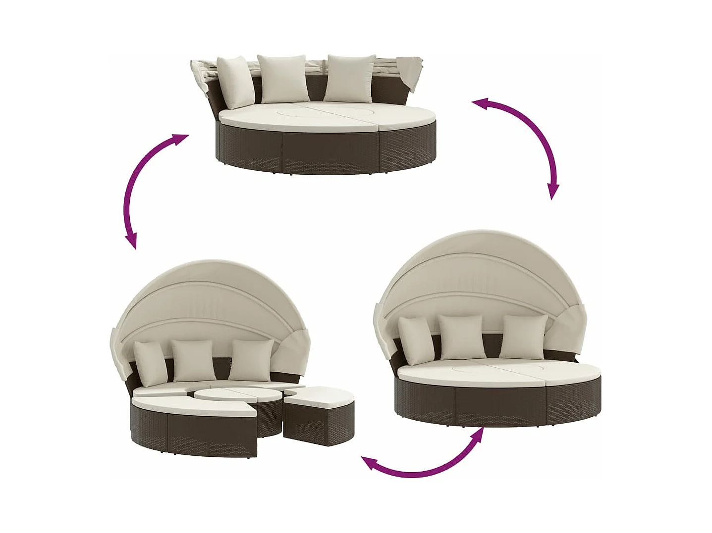 Cama lounge de exterior c/ toldo e almofadões vime PE castanho