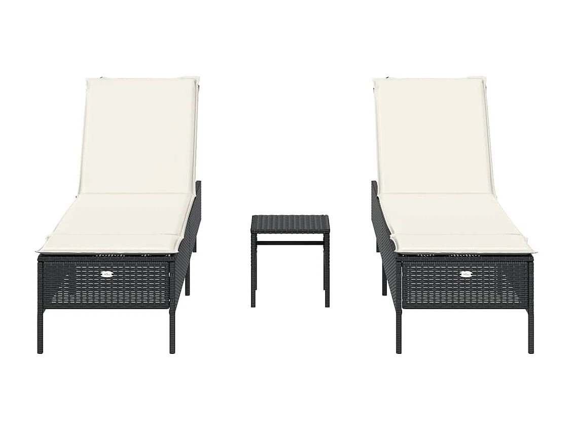 Set Lettini Prendisole con Cuscini 3pz Nero in Polyrattan