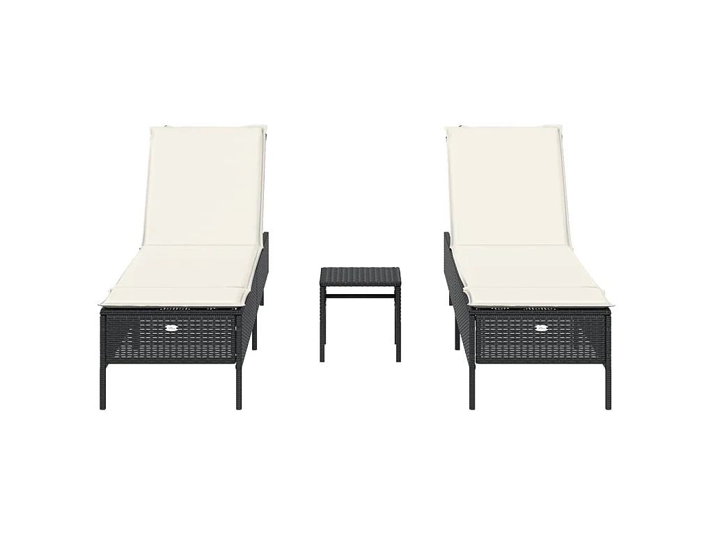 3-delige Ligbeddenset met kussens poly rattan zwart