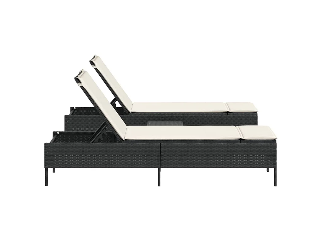 3-delige Ligbeddenset met kussens poly rattan zwart