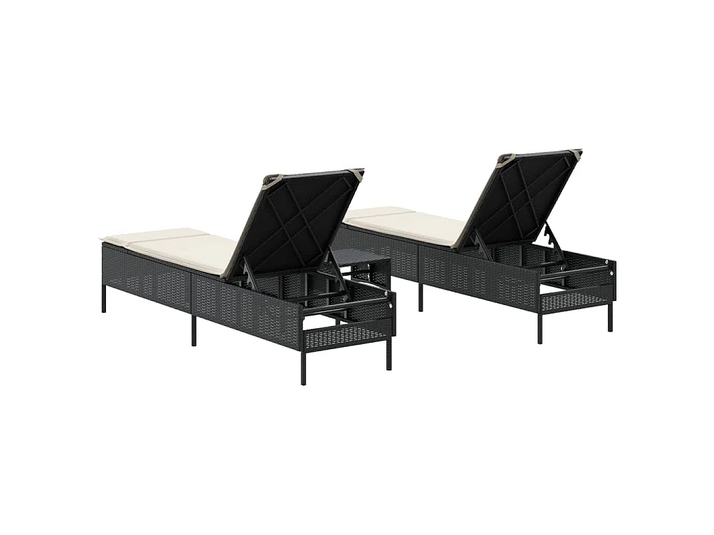 3-delige Ligbeddenset met kussens poly rattan zwart