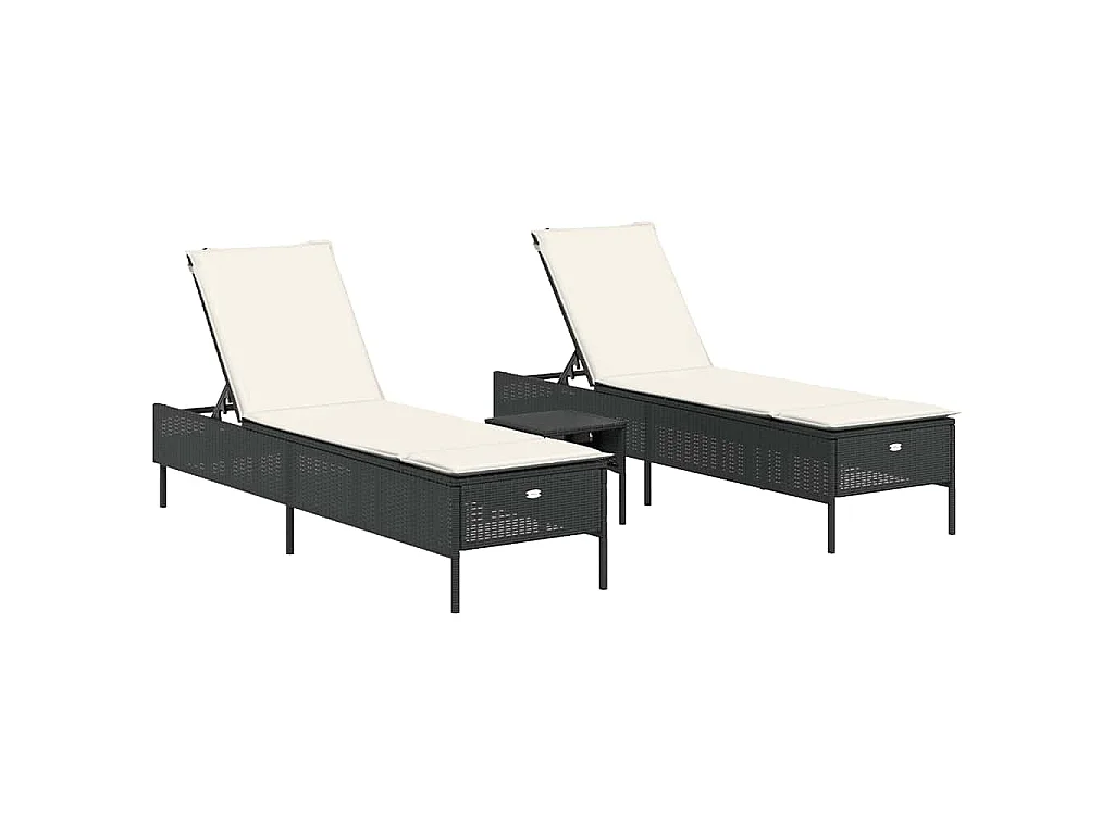 Set Lettini Prendisole con Cuscini 3pz Nero in Polyrattan