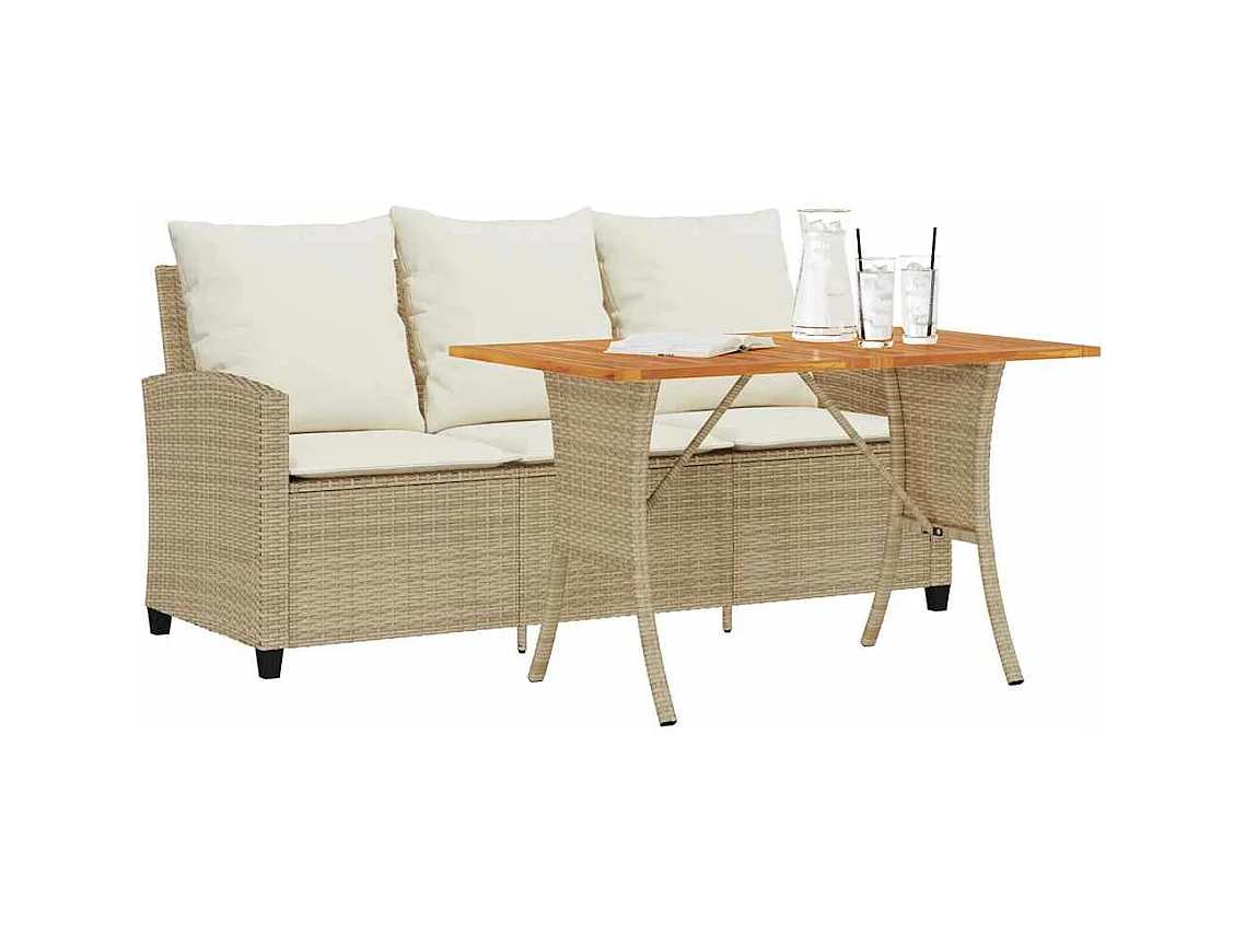 Gartensofa 3-Sitzer mit Kissen & Tisch Beige Poly Rattan