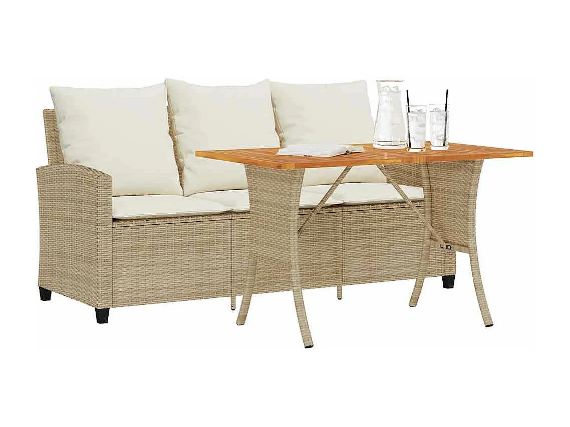 Tuinbank 3-zits met kussens & tafel poly rattan beige