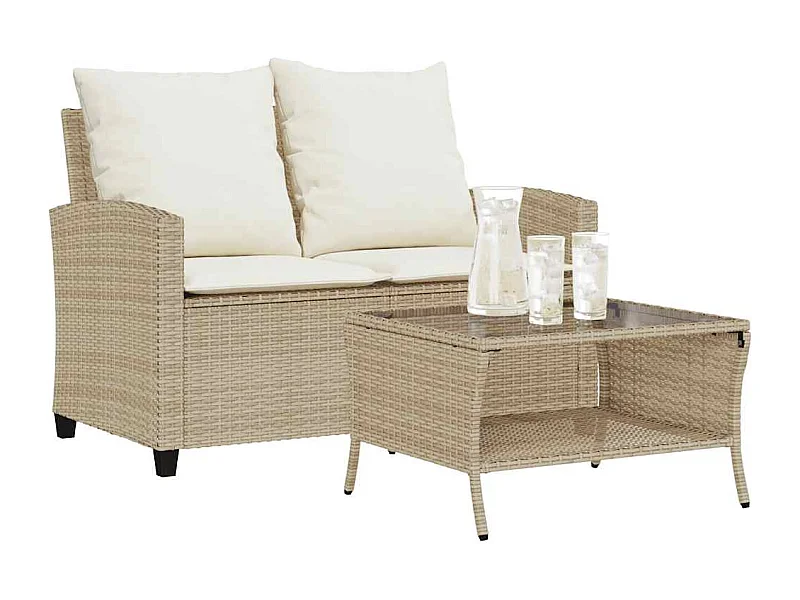Gartensofa 2-Sitzer mit Kissen & Tisch Beige Poly Rattan