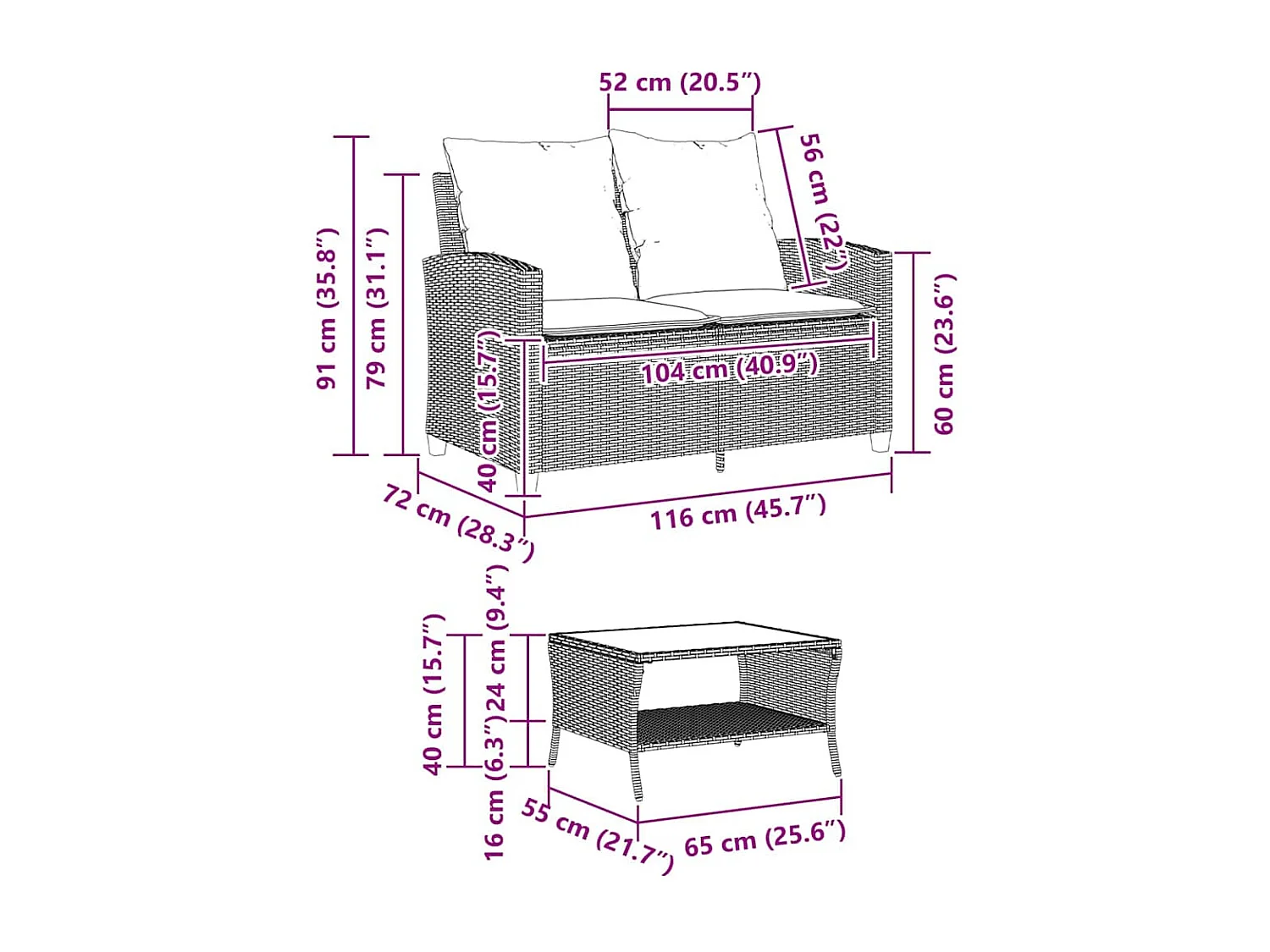 Sofá jardín de 2 plazas con cojín y mesa beige ratán sintético