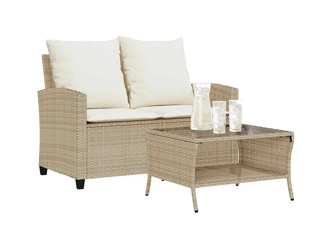 Canapé de jardin 2places coussins et table beige résine tressée