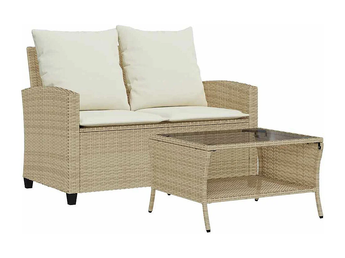 Tuinbank 2-zits met kussens & tafel poly rattan beige