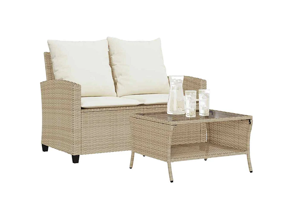 Canapé de jardin 2places coussins et table beige résine tressée