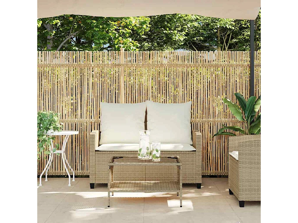 Canapé de jardin 2places coussins et table beige résine tressée