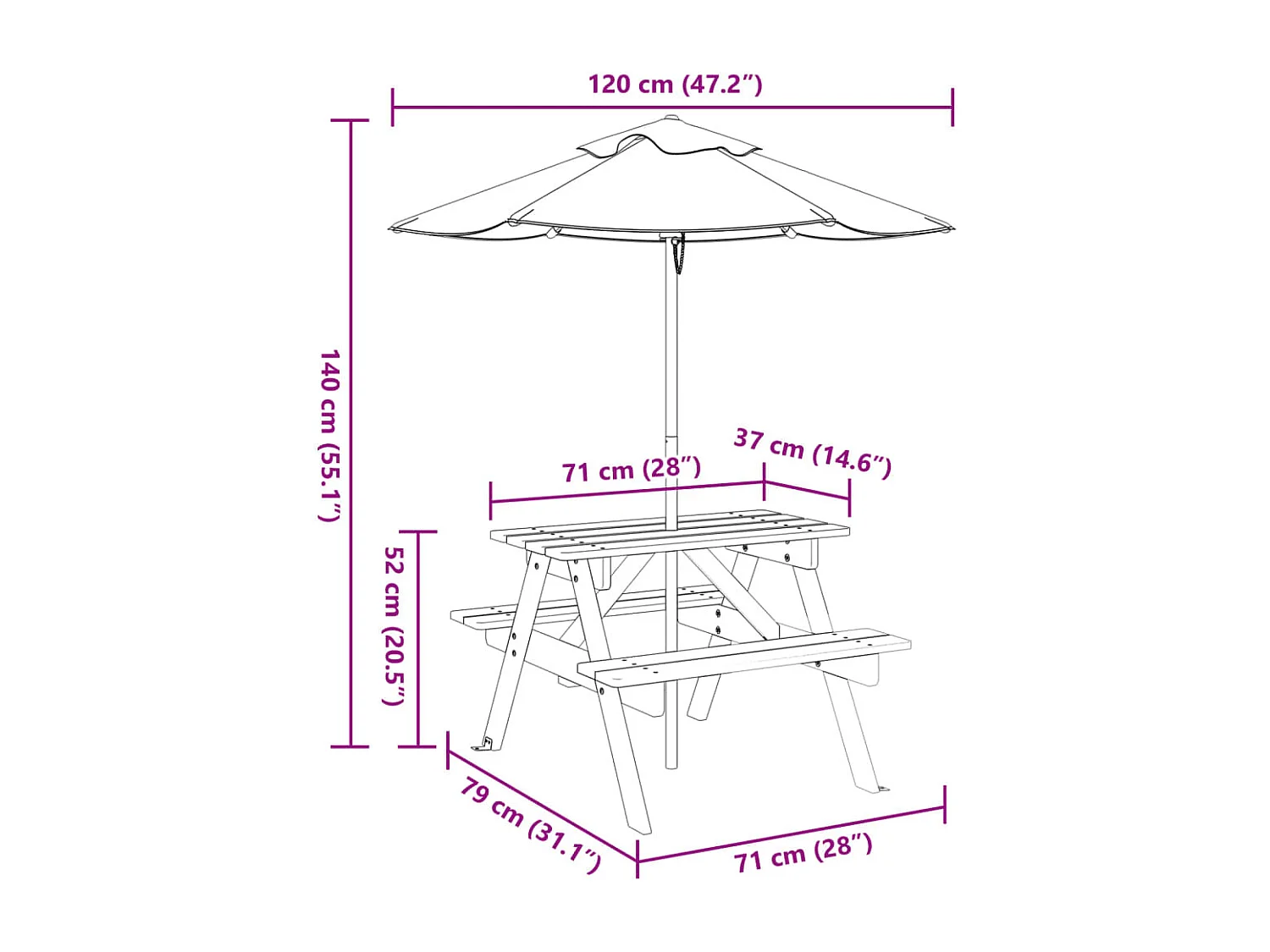 Table de pique-nique pour 4 enfants avec parasol bois de sapin