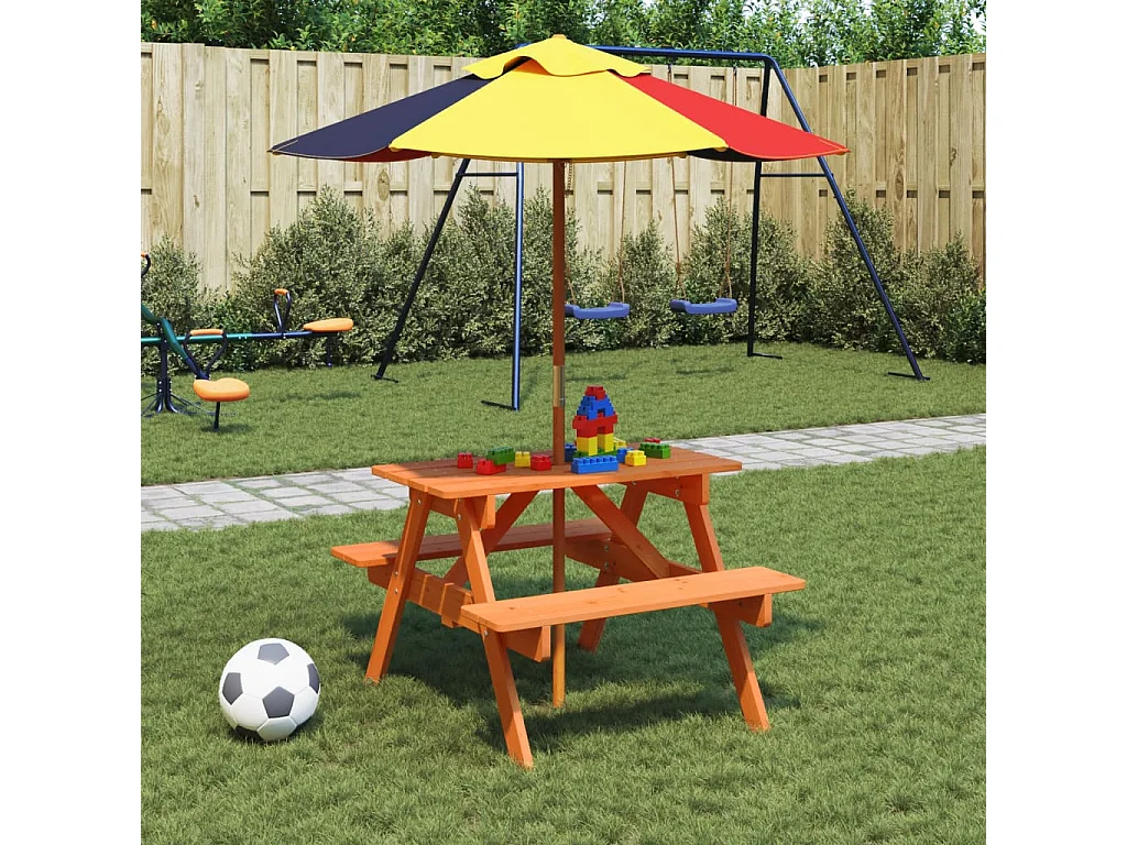 Picknicktisch für 4 Kinder mit Sonnenschirm Massivholz Tanne