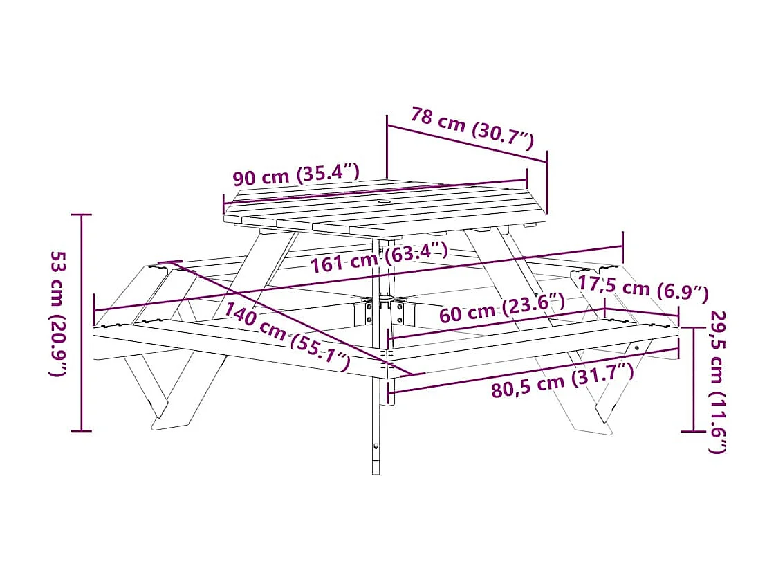 Table de pique-nique pour 6 enfants avec bancs hexagonal sapin