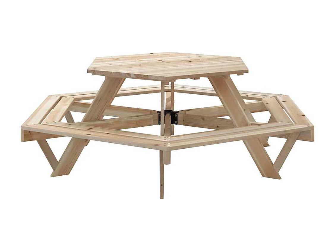 Table de pique-nique pour 6 enfants avec bancs hexagonal sapin