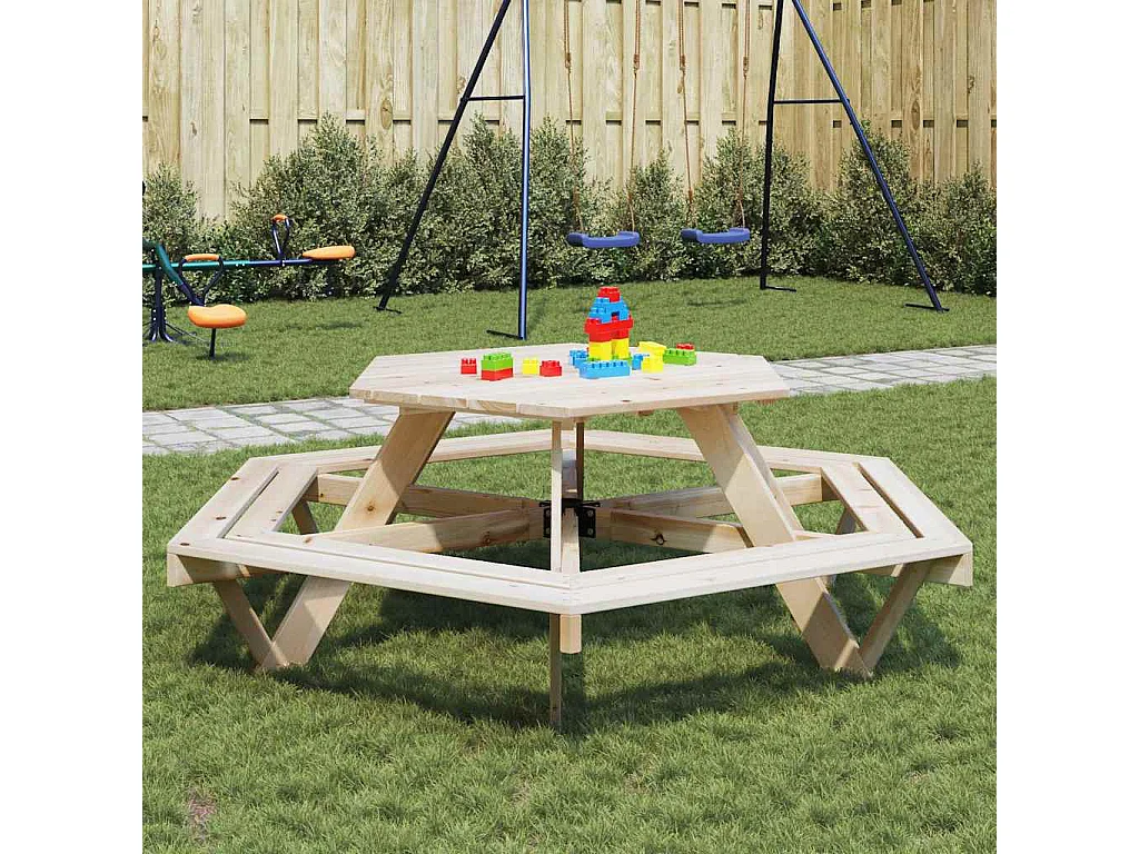Mesa de picnic hexagonal 6 niños agujero sombrilla madera abeto