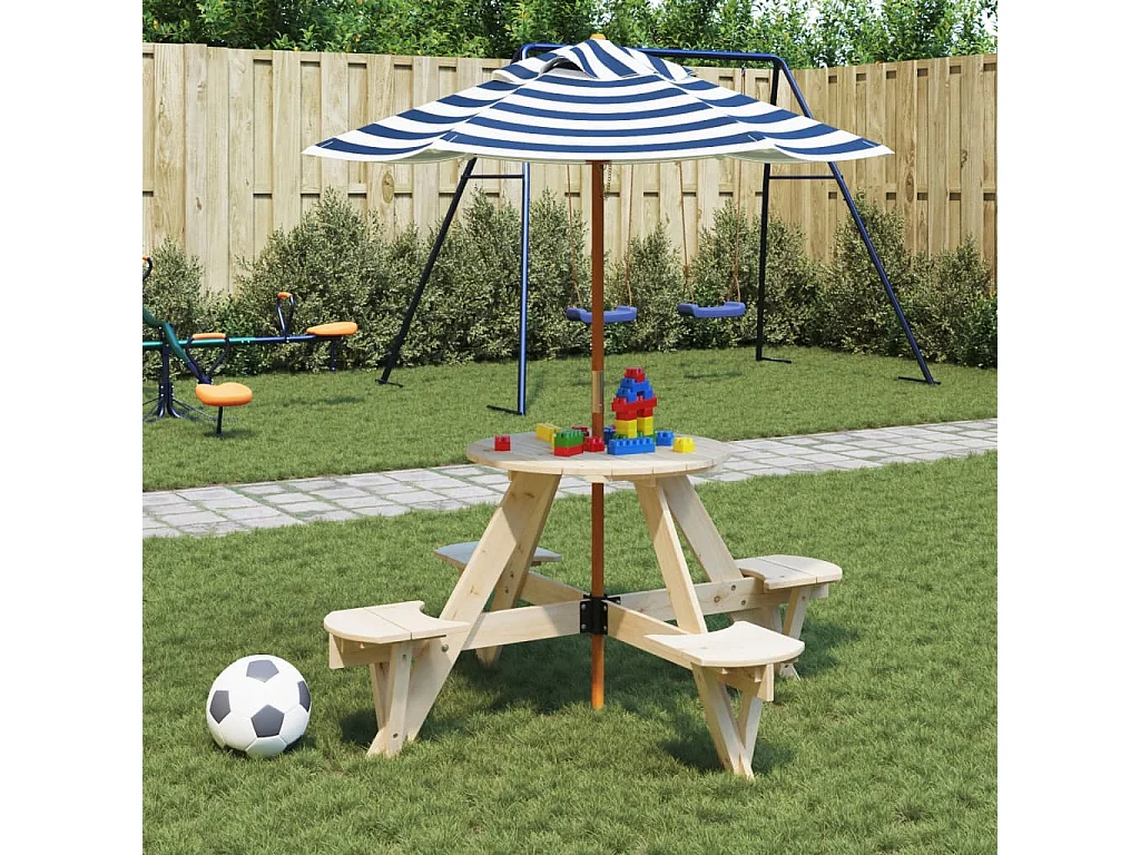 Picknicktisch für 4 Kinder mit Sonnenschirm Rund Tannenholz