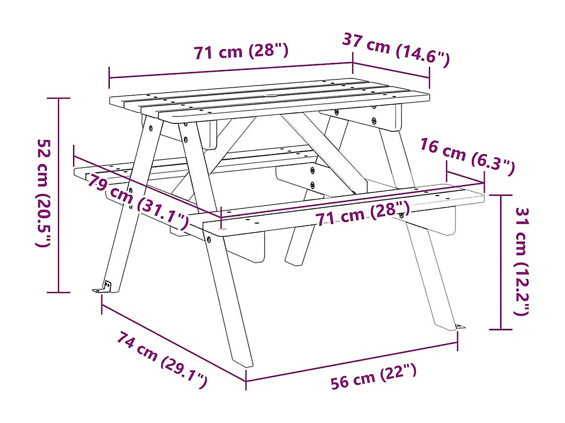 Picknicktafel voor 4 kinderen met parasolgat massief vurenhout