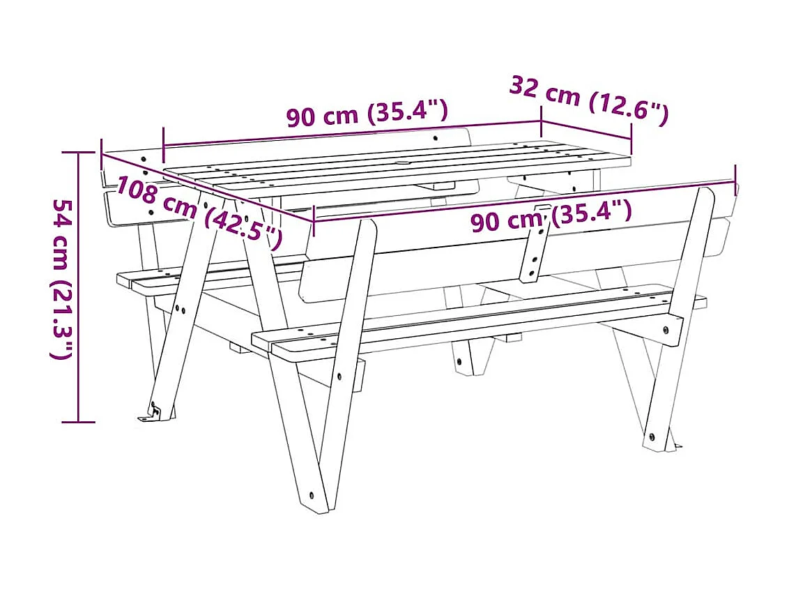 Table de pique-nique pour 4 enfants avec trou de parasol sapin