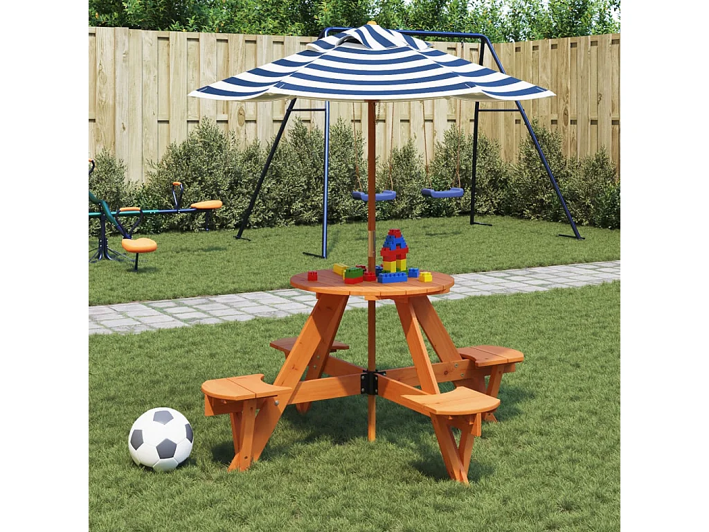Table de pique-nique pour 4 enfants avec parasol rond sapin