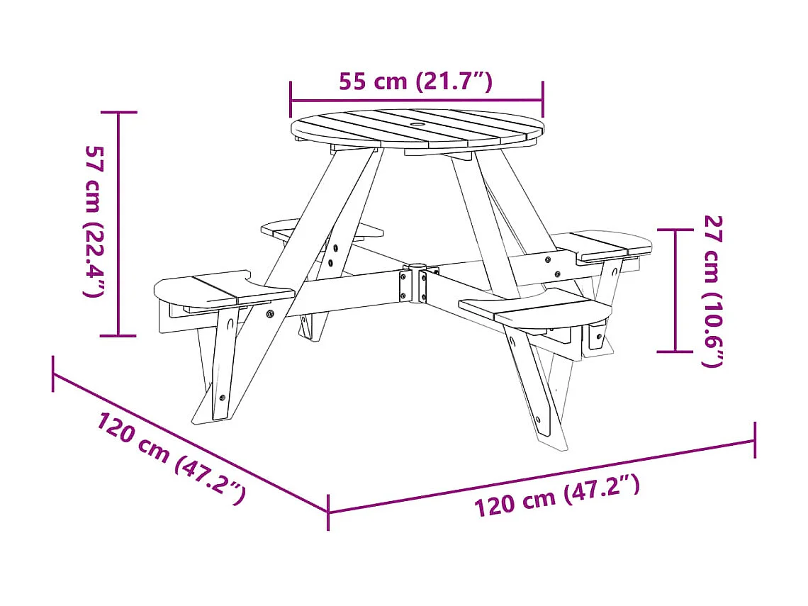 Mesa de picnic para 4 niños agujero para sombrilla madera abeto