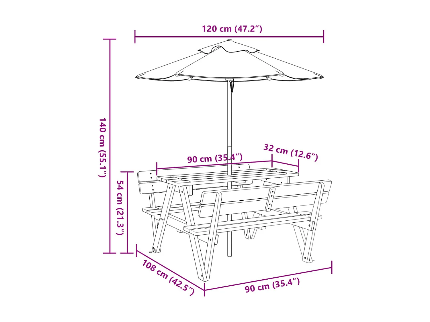 Table de pique-nique pour 4 enfants avec parasol bois de sapin