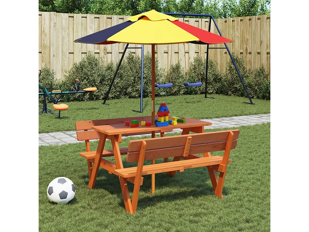 Picknicktisch für 4 Kinder mit Sonnenschirm Massivholz Tanne
