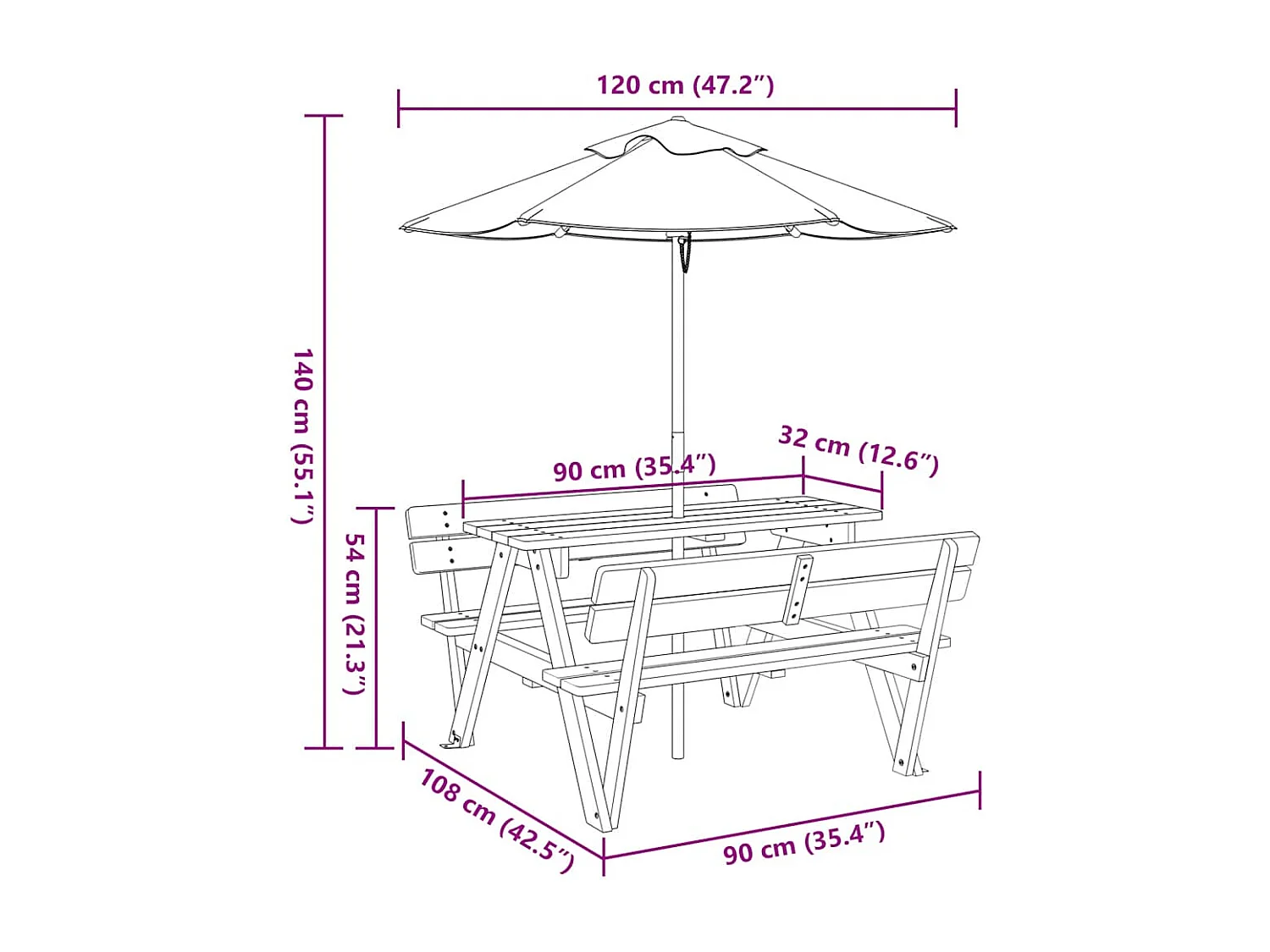 Table de pique-nique pour 4 enfants avec parasol bois de sapin