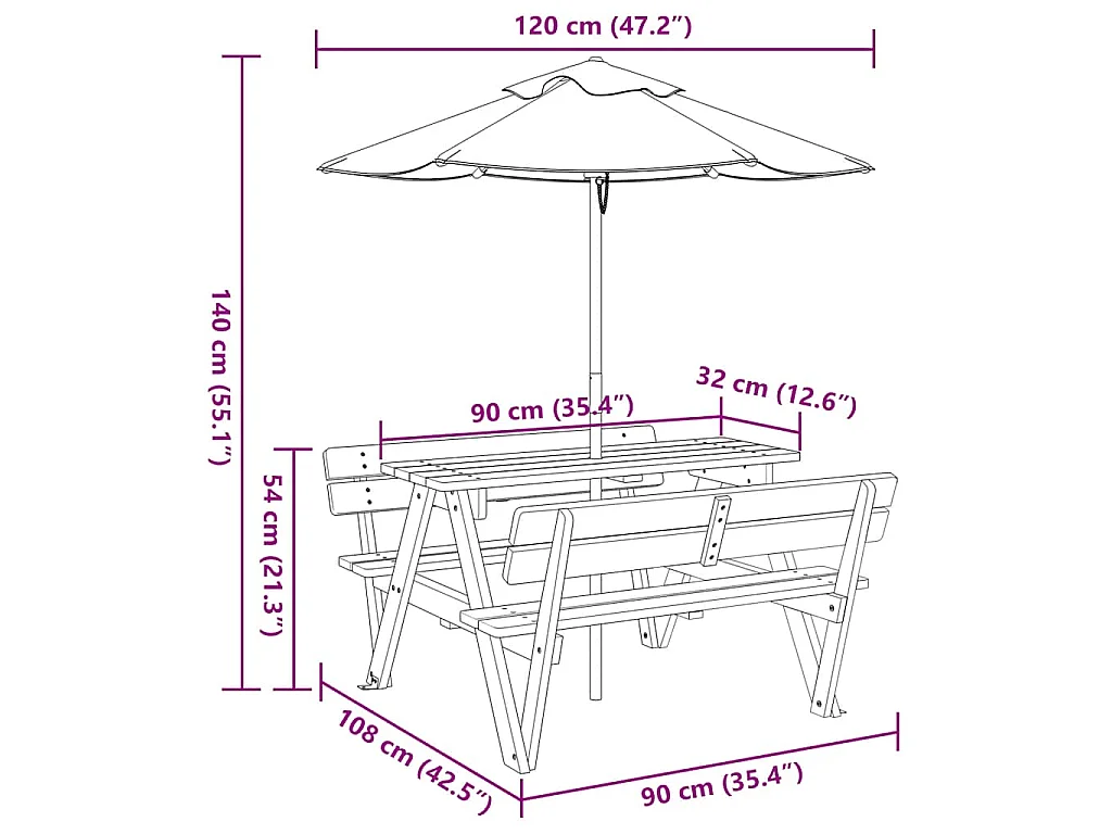 Table de pique-nique pour 4 enfants avec parasol bois de sapin