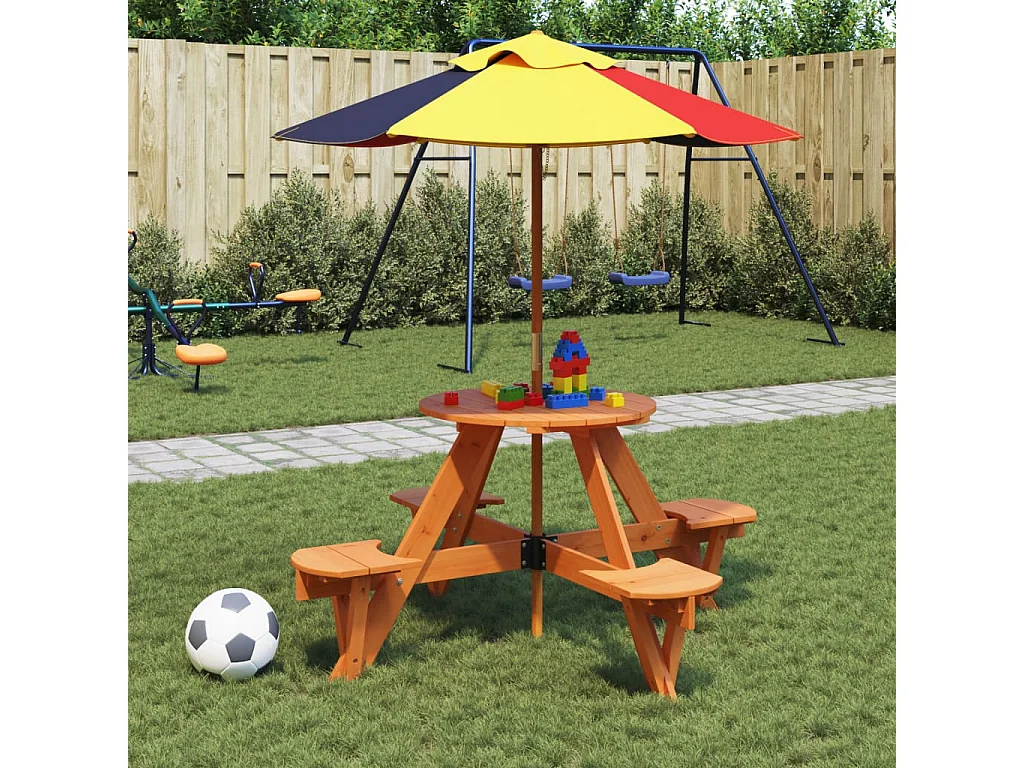 Picknicktisch für 4 Kinder mit Sonnenschirm Rund Tannenholz