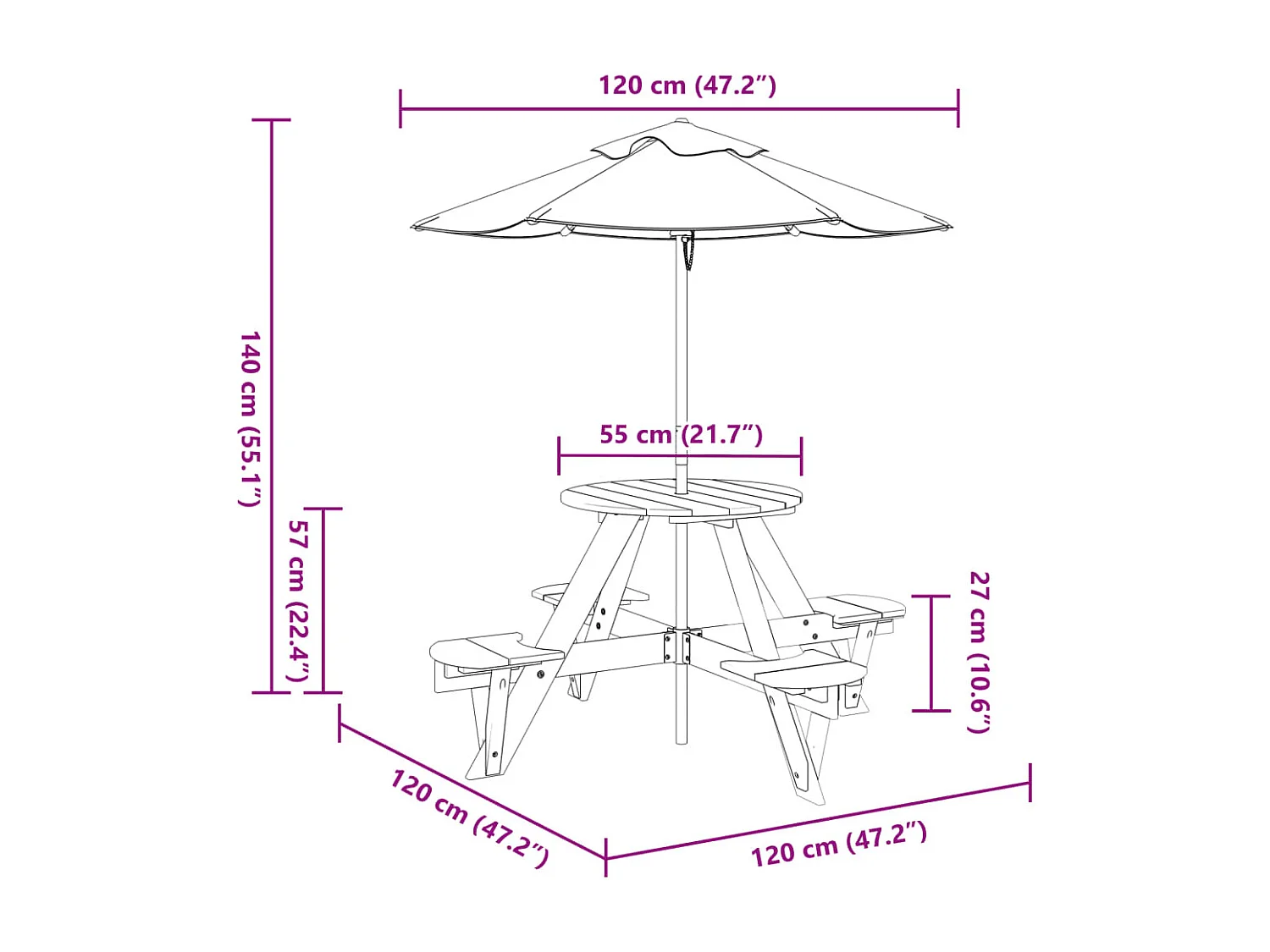 Table de pique-nique pour 4 enfants avec parasol rond sapin