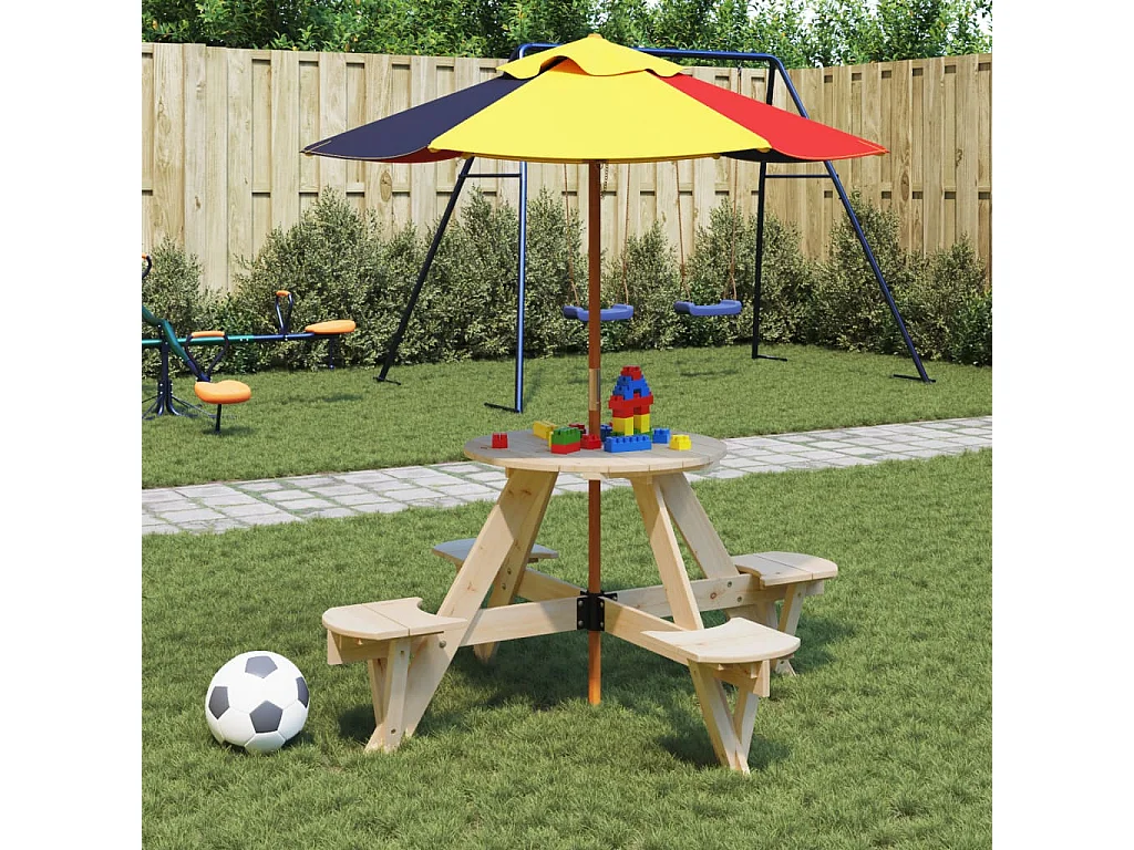 Picknicktisch für 4 Kinder mit Sonnenschirm Rund Tannenholz