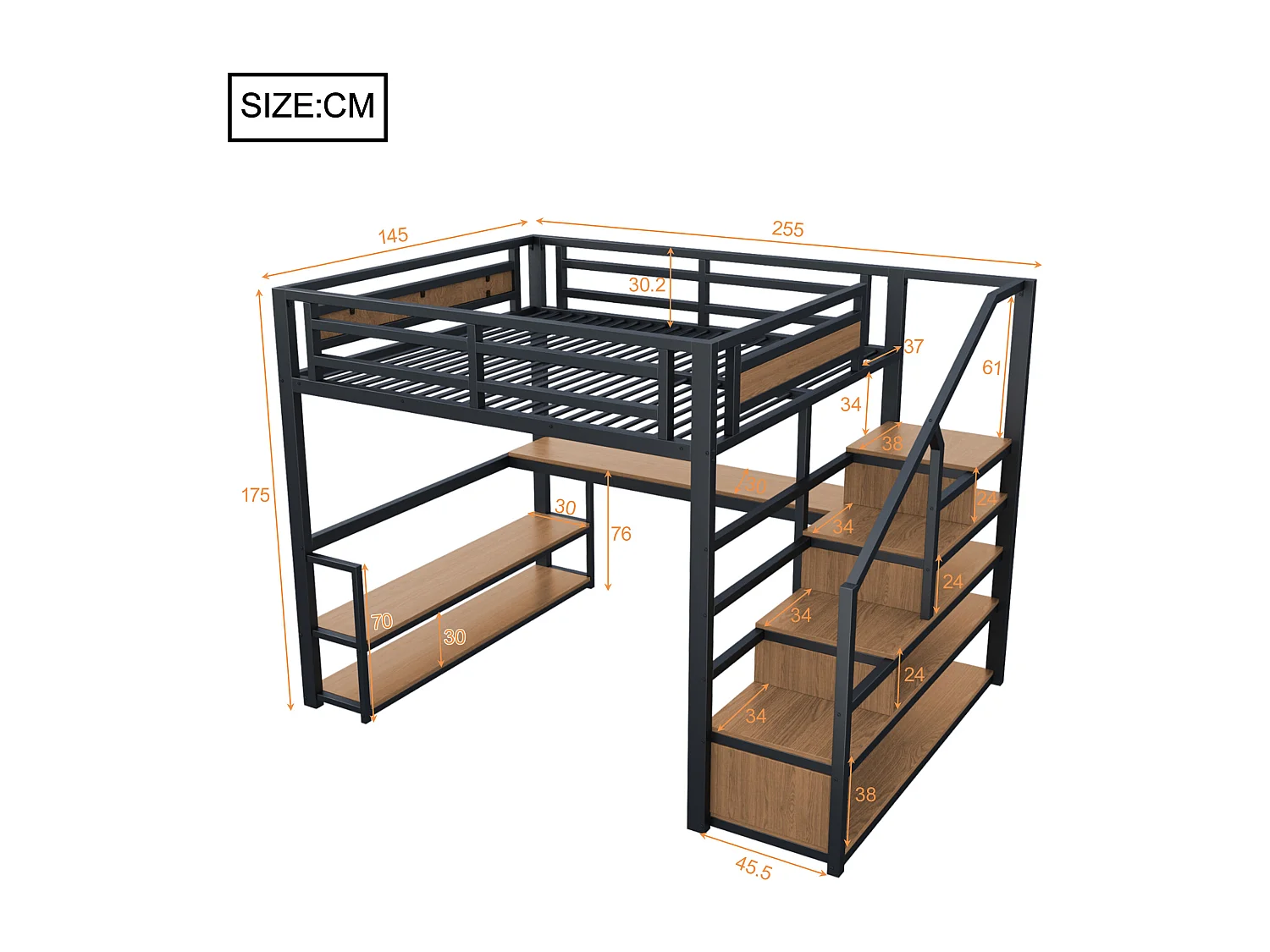 Letto a soppalco in metallo 140x200 cm - con scala contenitore e scrivania - Nero