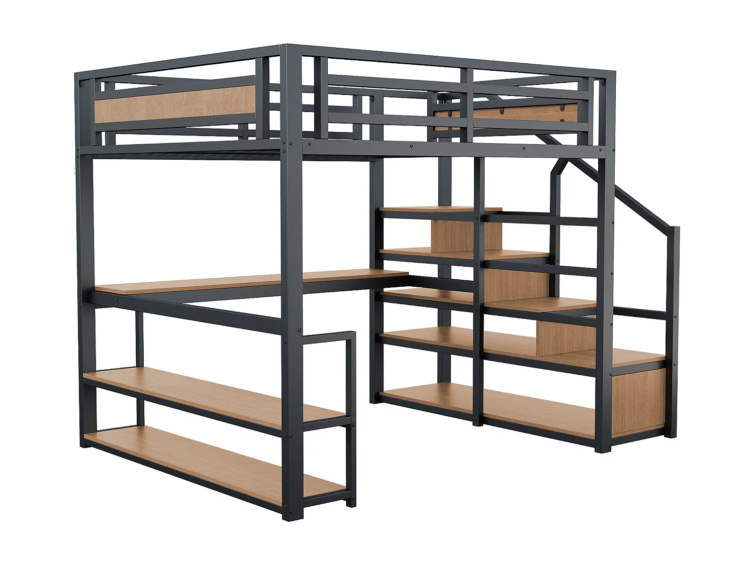 Letto a soppalco in metallo 140x200 cm - con scala contenitore e scrivania - Nero