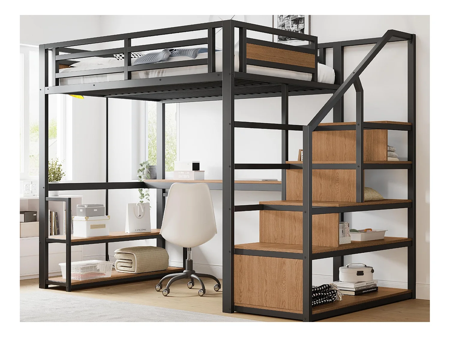 Cama alta em metal 140x200 cm - com escada de arrumação e secretária - Preto