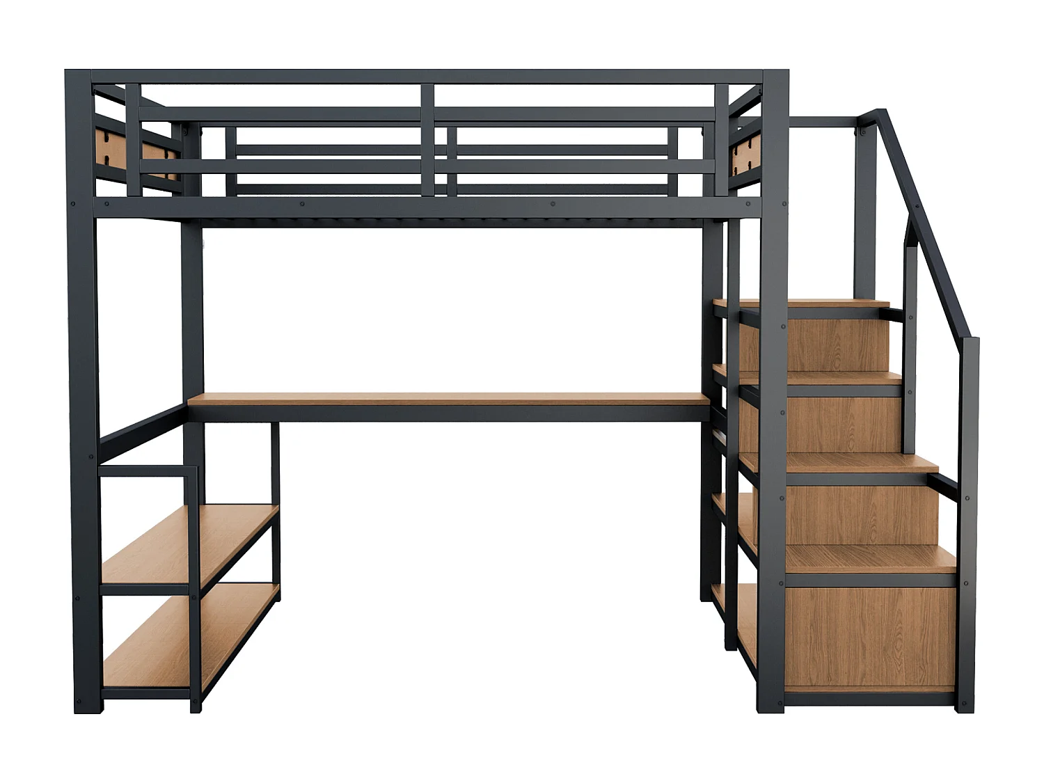 140x200 cm Metall-Hochbett - mit Stauraumleiter und Schreibtisch - Schwarz