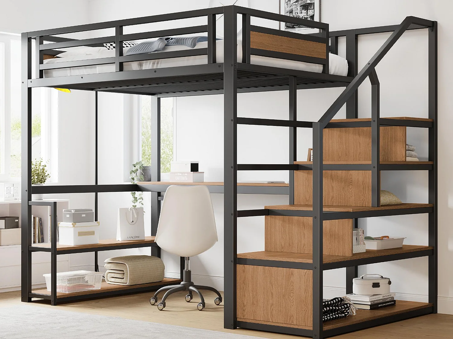 Letto a soppalco in metallo 140x200 cm - con scala contenitore e scrivania - Nero