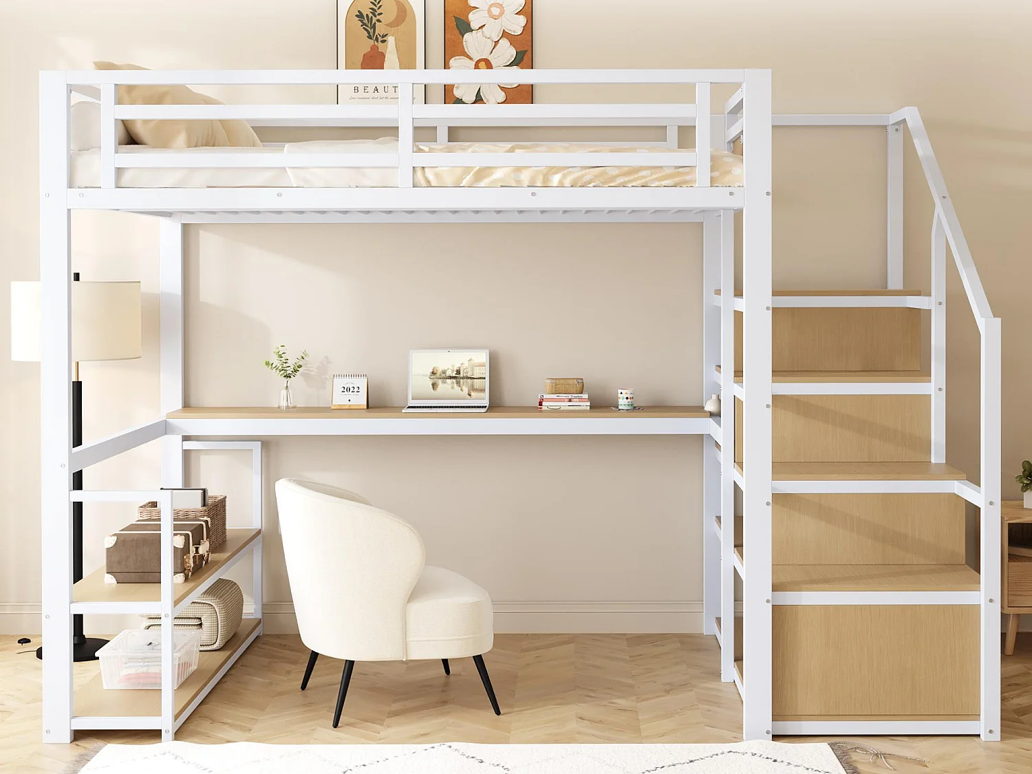 Lit mezzanine en métal 140x200 cm - avec échelle de rangement et bureau - Blanc