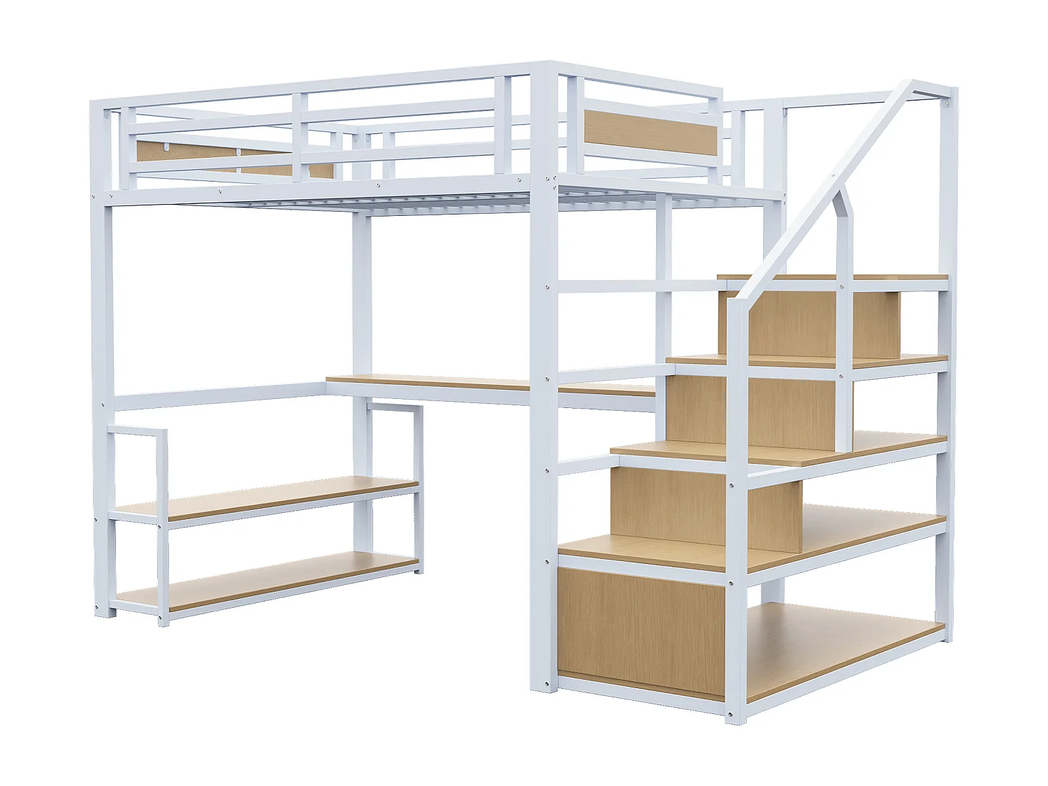 Lit mezzanine en métal 140x200 cm - avec échelle de rangement et bureau - Blanc